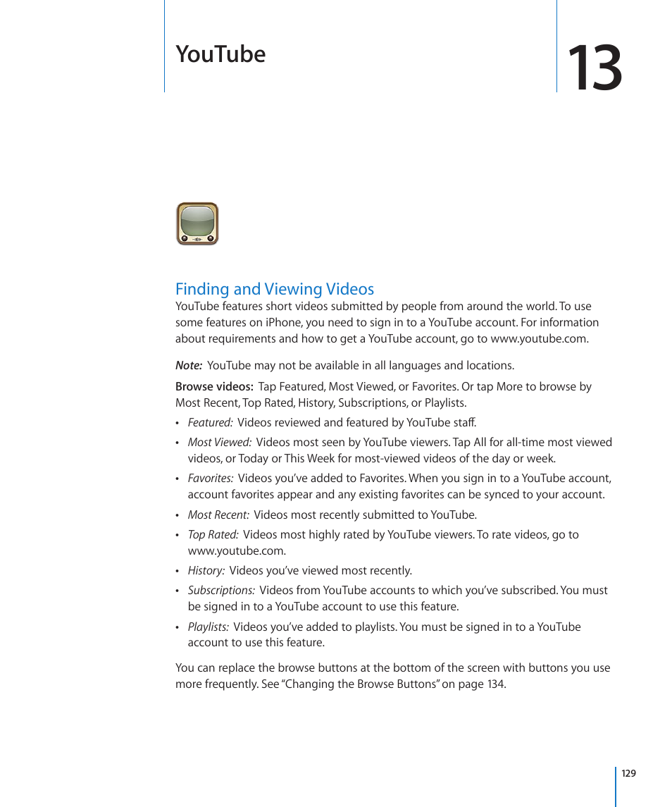 Chapter 13: youtube, Finding and viewing videos, 129 finding and viewing videos | Youtube | Apple iPhone 4G User Manual | Page 129 / 274