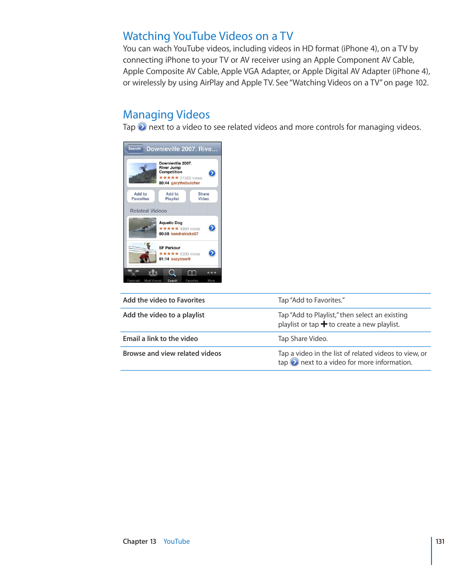 Watching youtube videos on a tv, Managing videos, 131 watching youtube videos on a tv | 131 managing videos | Apple iPhone 4G User Manual | Page 131 / 274
