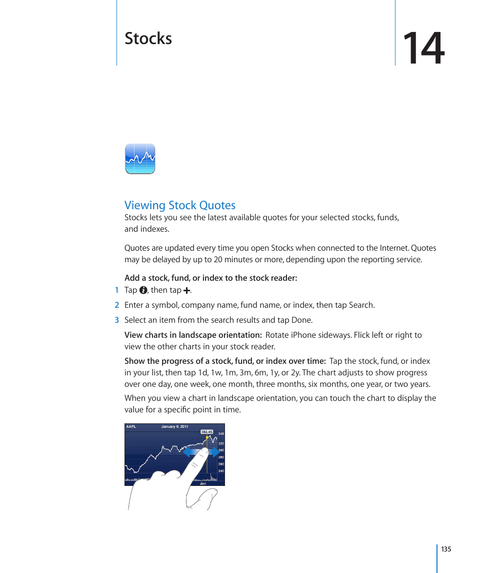 Chapter 14: stocks, Viewing stock quotes, 135 viewing stock quotes | Stocks | Apple iPhone 4G User Manual | Page 135 / 274