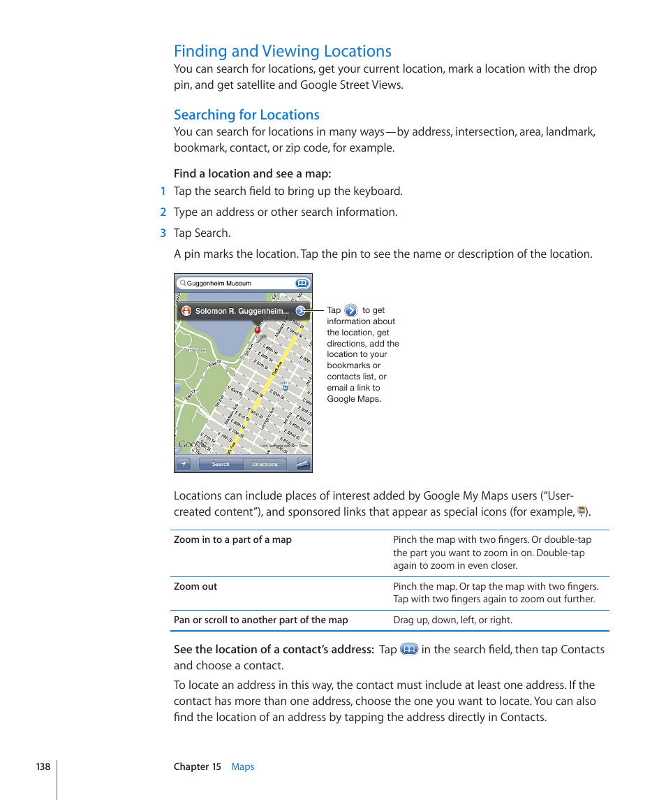 Finding and viewing locations, 138 finding and viewing locations, Searching for locations | Apple iPhone 4G User Manual | Page 138 / 274