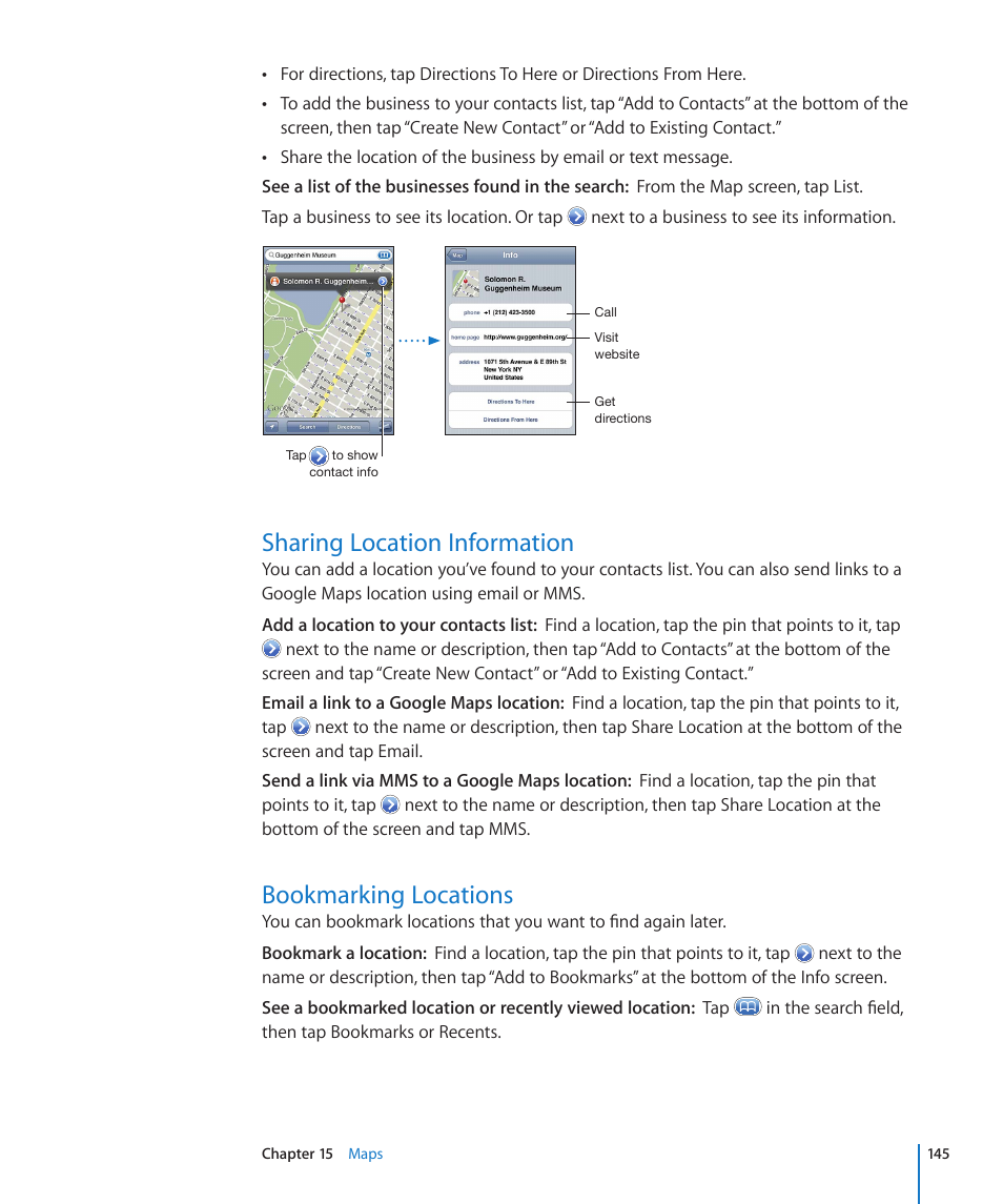 Sharing location information, Bookmarking locations | Apple iPhone 4G User Manual | Page 145 / 274