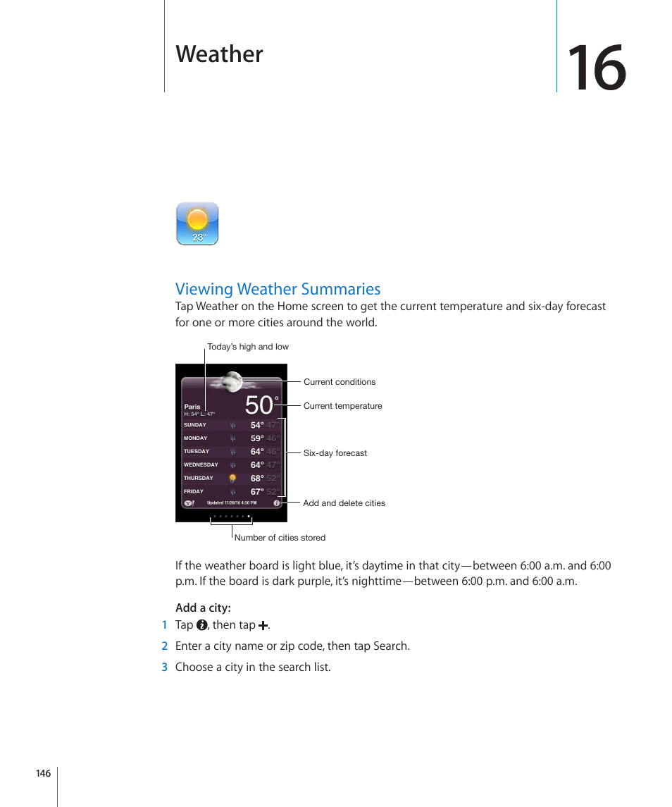 Chapter 16: weather, Viewing weather summaries, 146 viewing weather summaries | Weather | Apple iPhone 4G User Manual | Page 146 / 274