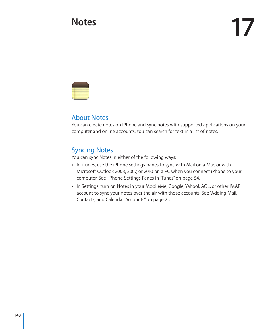 Chapter 17: notes, About notes, Syncing notes | 148 about notes 148 syncing notes, Notes | Apple iPhone 4G User Manual | Page 148 / 274