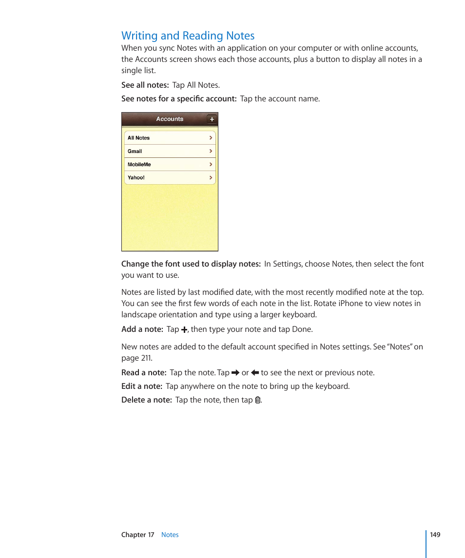 Writing and reading notes, 149 writing and reading notes | Apple iPhone 4G User Manual | Page 149 / 274