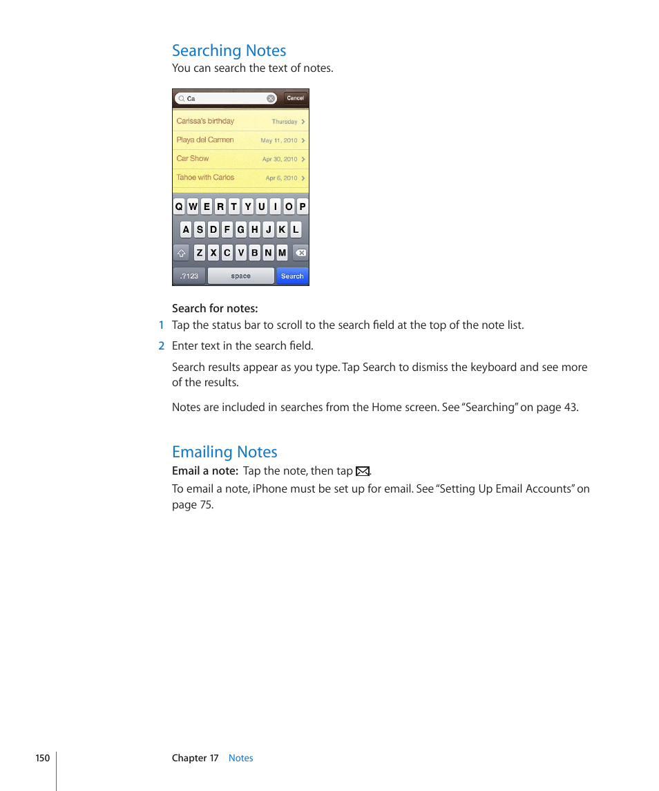 Searching notes, Emailing notes, 150 searching notes 150 emailing notes | Apple iPhone 4G User Manual | Page 150 / 274