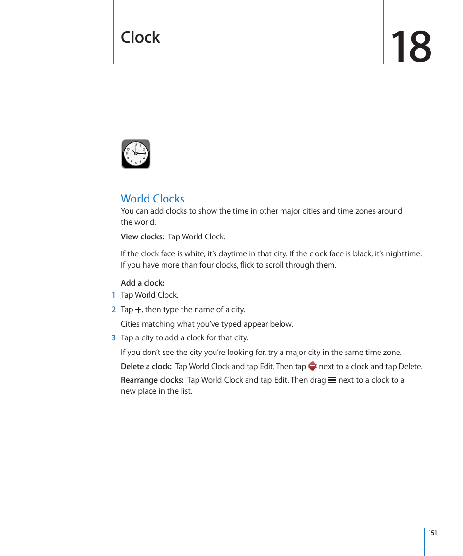 Chapter 18: clock, World clocks, 151 world clocks | Clock | Apple iPhone 4G User Manual | Page 151 / 274