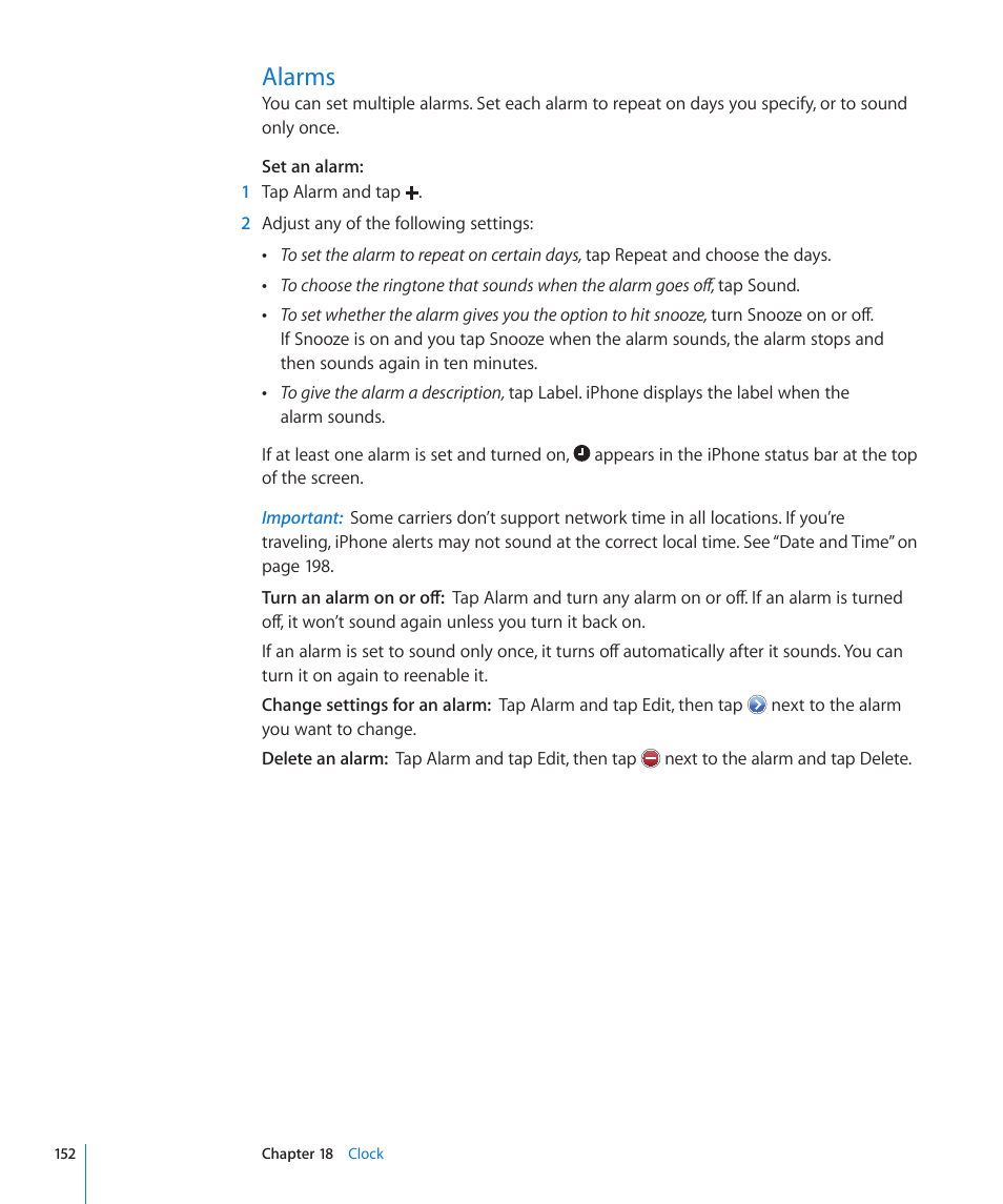 Alarms, 152 alarms | Apple iPhone 4G User Manual | Page 152 / 274