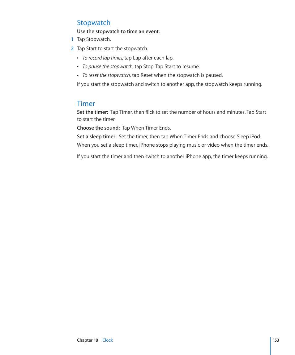 Stopwatch, Timer, 153 stopwatch 153 timer | Apple iPhone 4G User Manual | Page 153 / 274