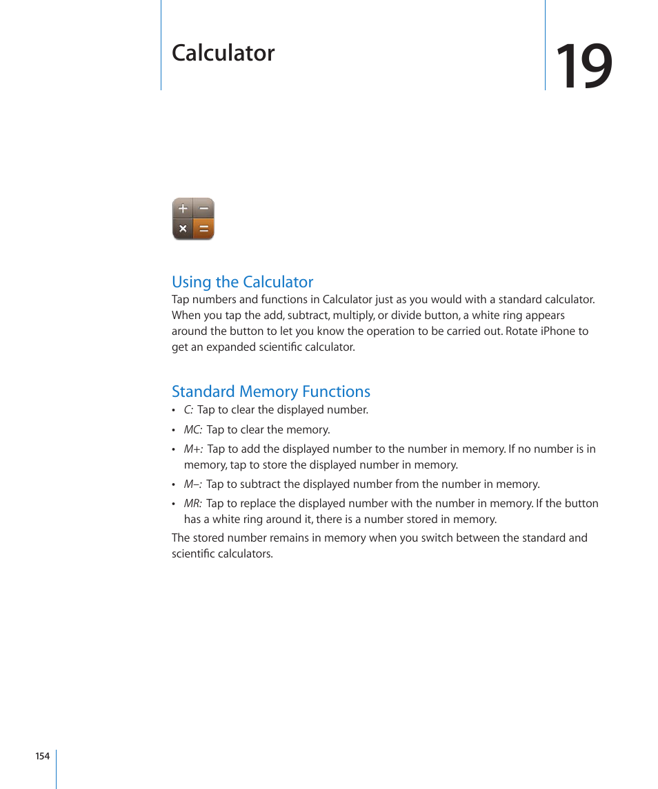 Chapter 19: calculator, Using the calculator, Standard memory functions | Calculator | Apple iPhone 4G User Manual | Page 154 / 274