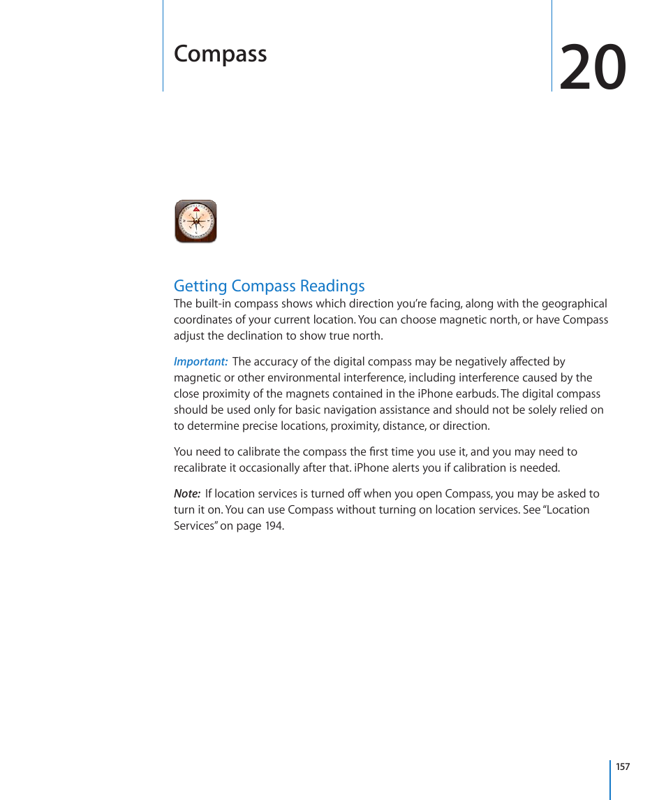 Chapter 20: compass, Getting compass readings, 157 getting compass readings | Compass | Apple iPhone 4G User Manual | Page 157 / 274
