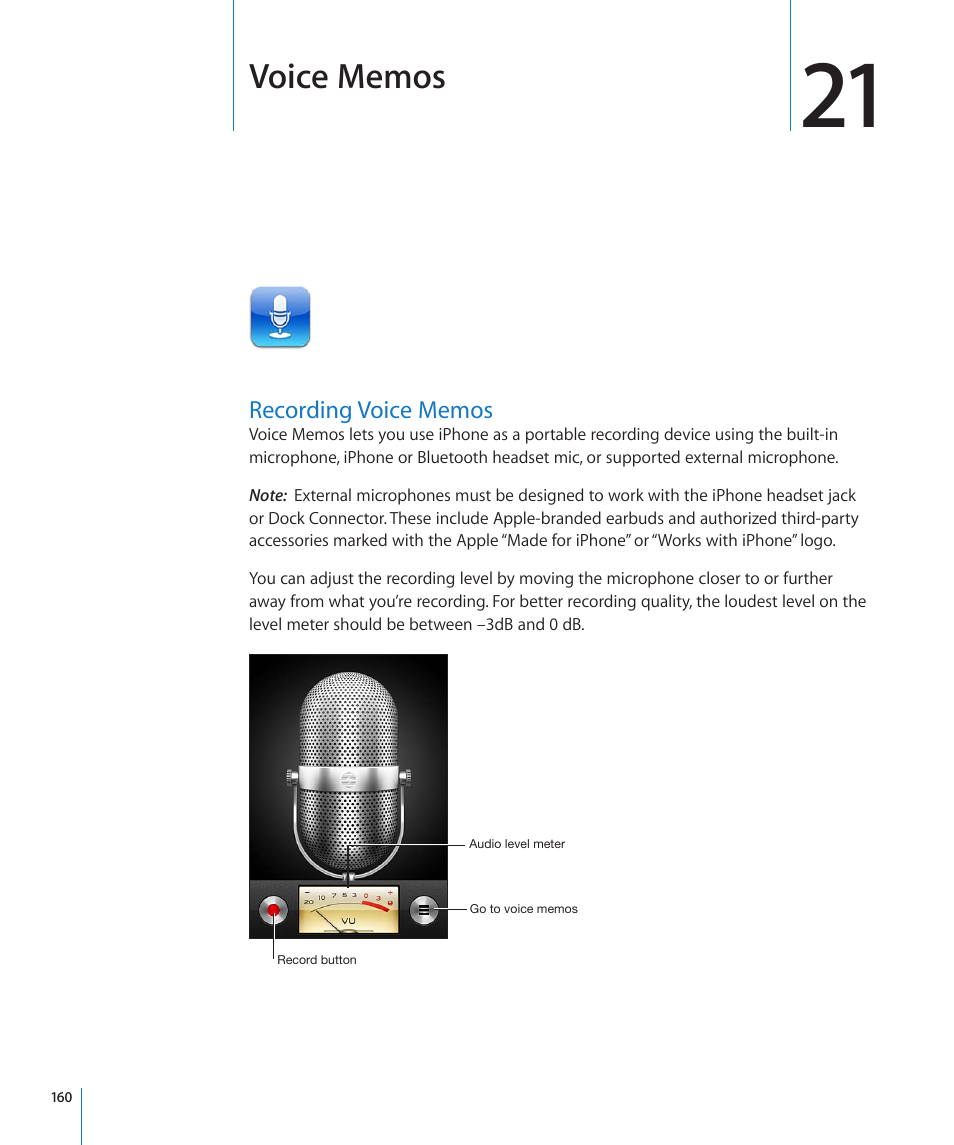 Chapter 21: voice memos, Recording voice memos, 160 recording voice memos | Voice memos | Apple iPhone 4G User Manual | Page 160 / 274