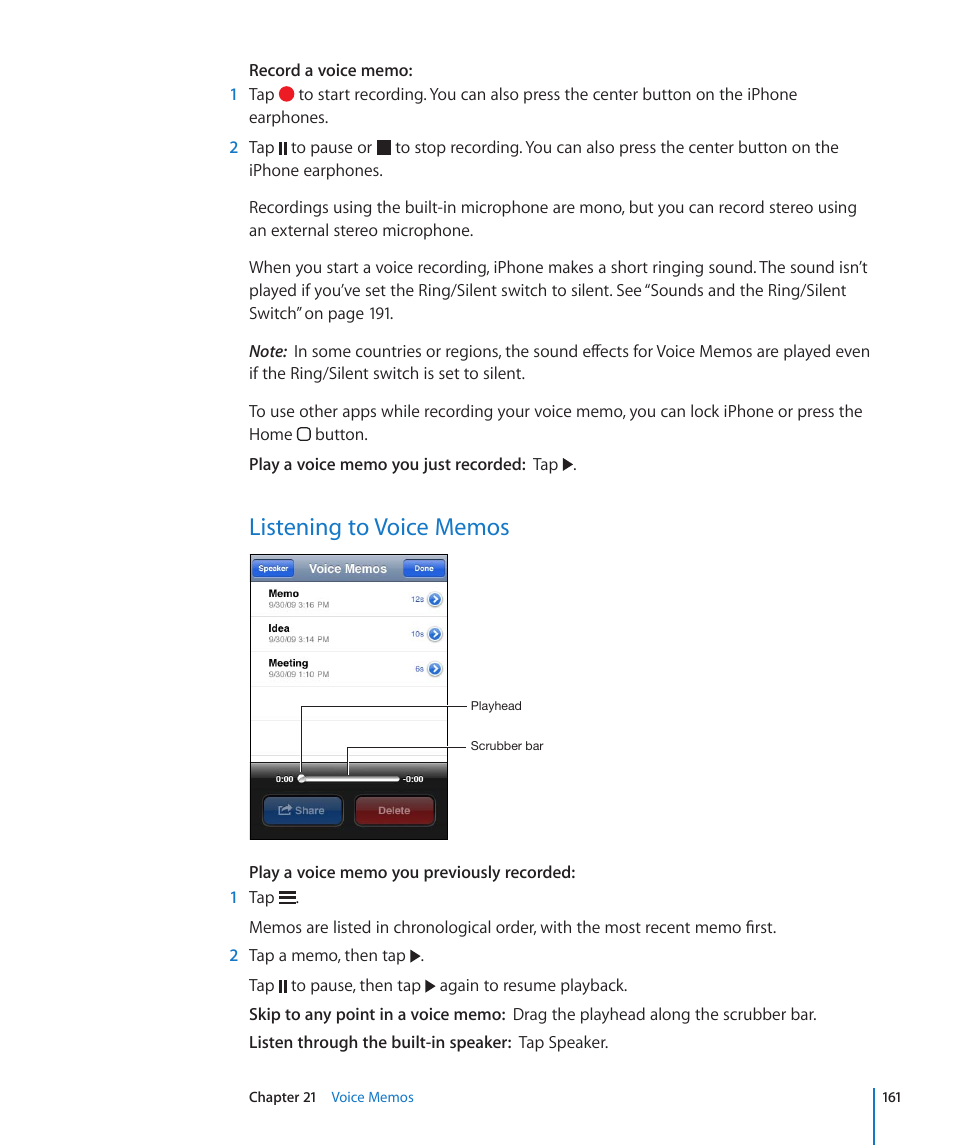 Listening to voice memos, 161 listening to voice memos | Apple iPhone 4G User Manual | Page 161 / 274