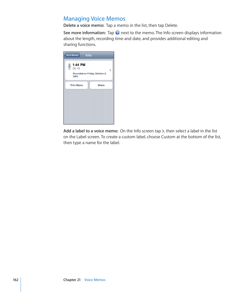 Managing voice memos, 162 managing voice memos | Apple iPhone 4G User Manual | Page 162 / 274