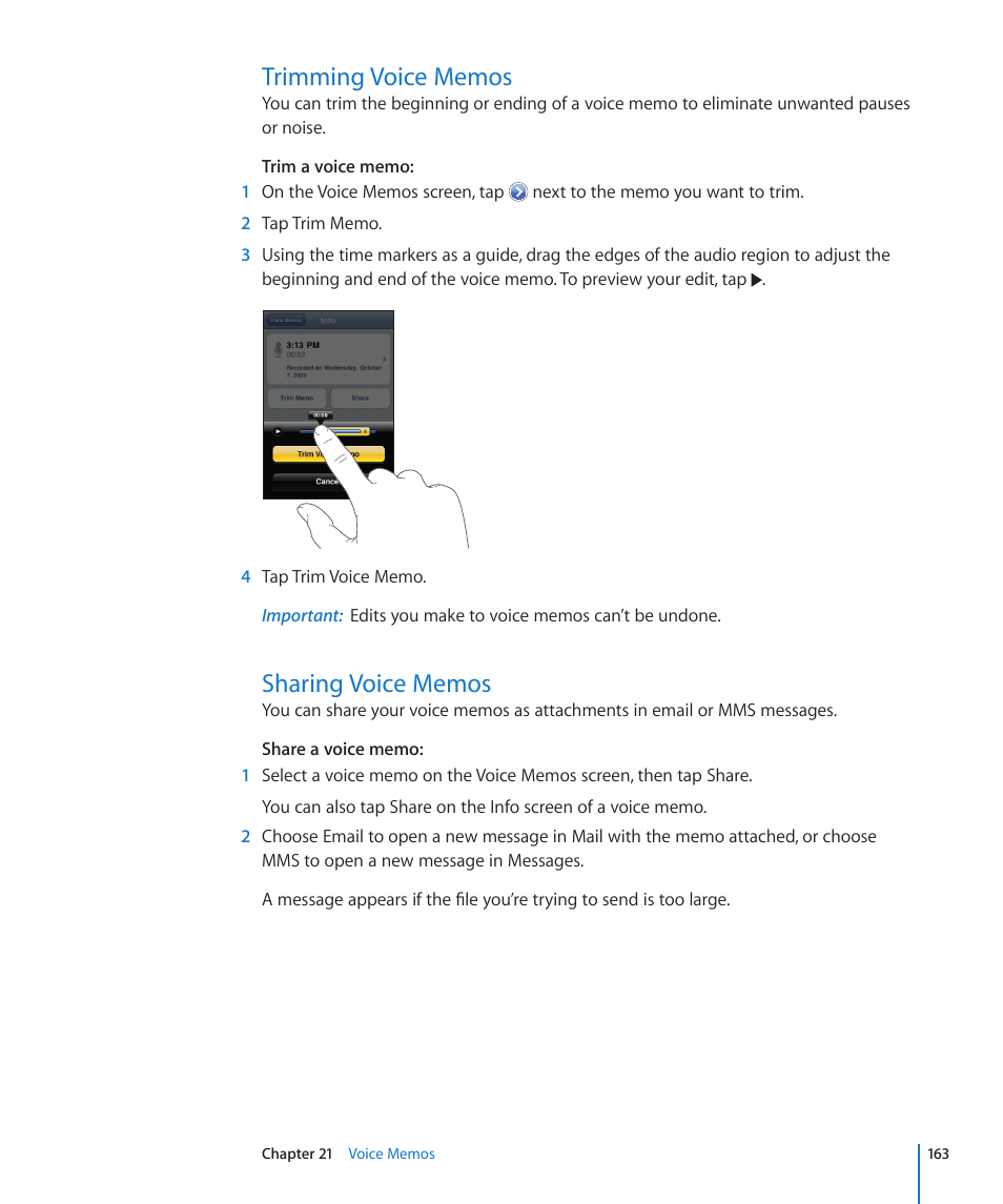 Trimming voice memos, Sharing voice memos, 163 trimming voice memos 163 sharing voice memos | Apple iPhone 4G User Manual | Page 163 / 274