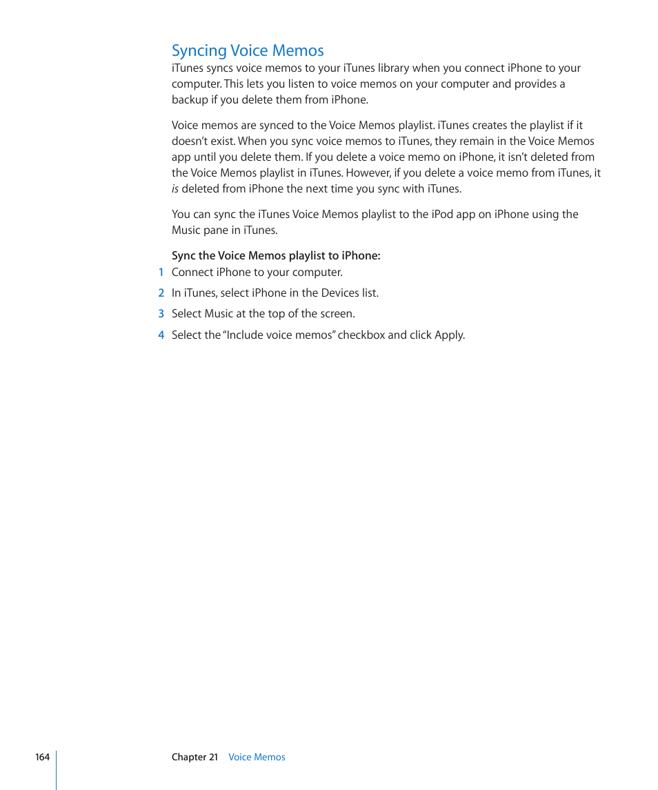 Syncing voice memos, 164 syncing voice memos | Apple iPhone 4G User Manual | Page 164 / 274