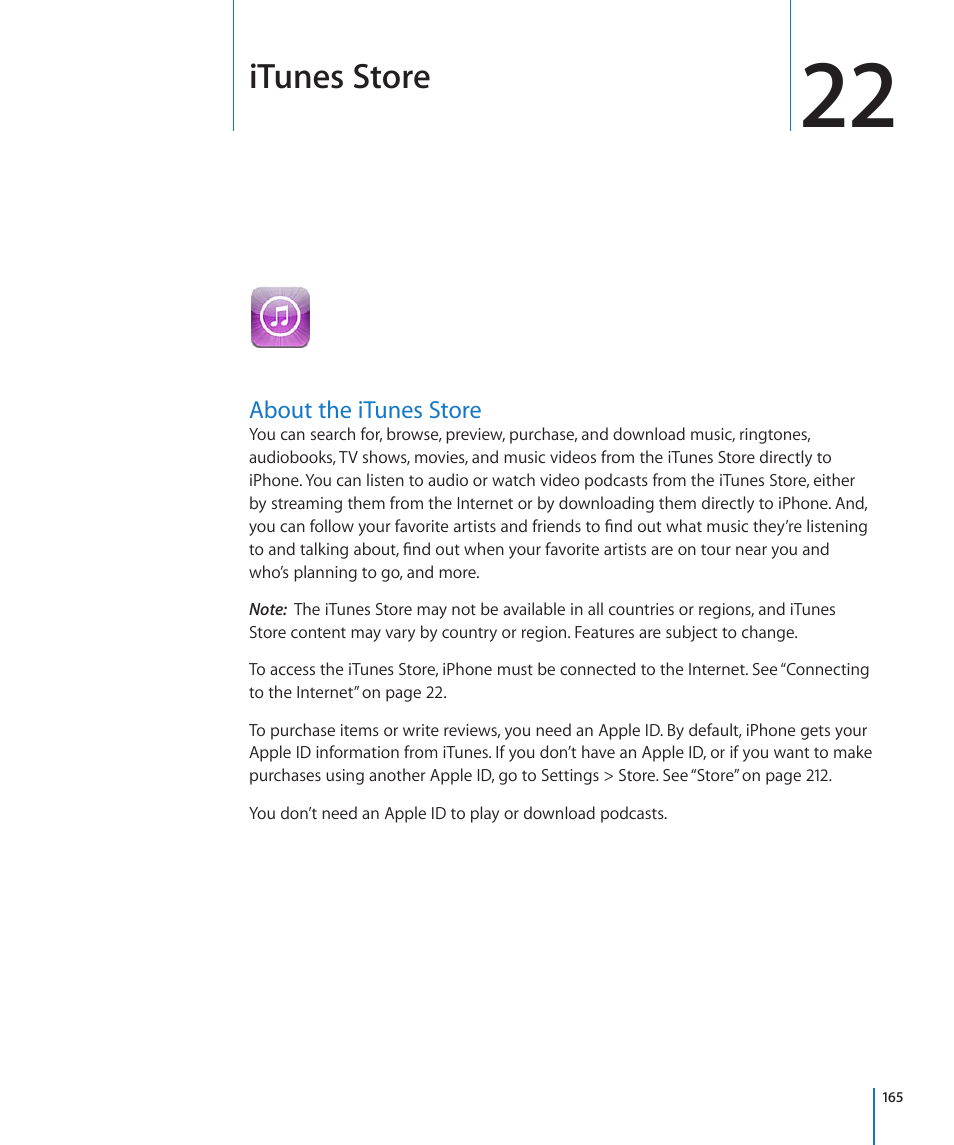 Chapter 22: itunes store, About the itunes store, 165 about the itunes store | Itunes store | Apple iPhone 4G User Manual | Page 165 / 274