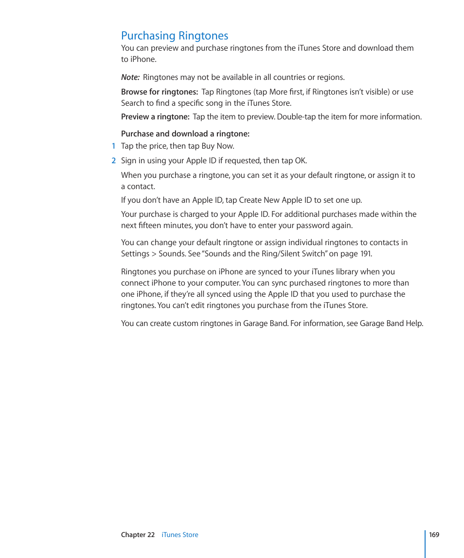 Purchasing ringtones, 169 purchasing ringtones | Apple iPhone 4G User Manual | Page 169 / 274