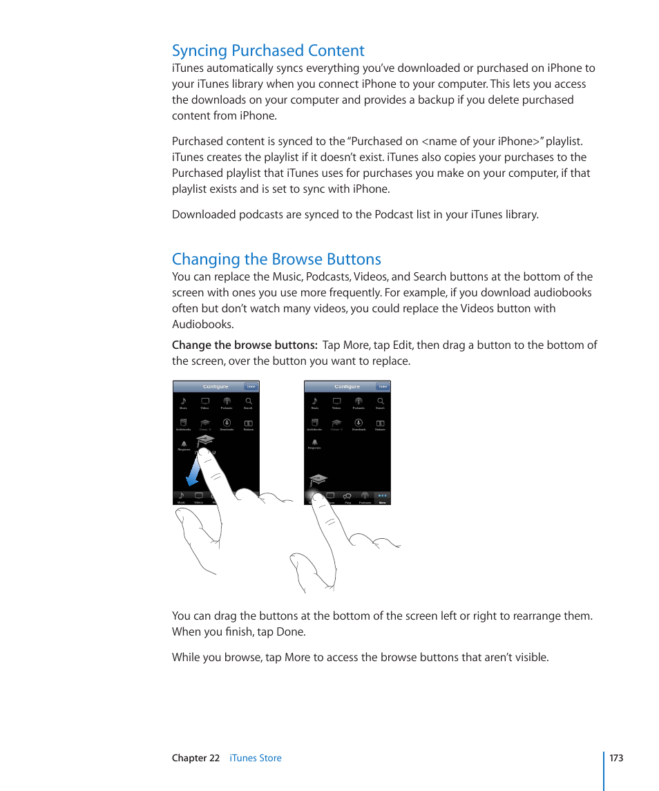 Syncing purchased content, Changing the browse buttons | Apple iPhone 4G User Manual | Page 173 / 274