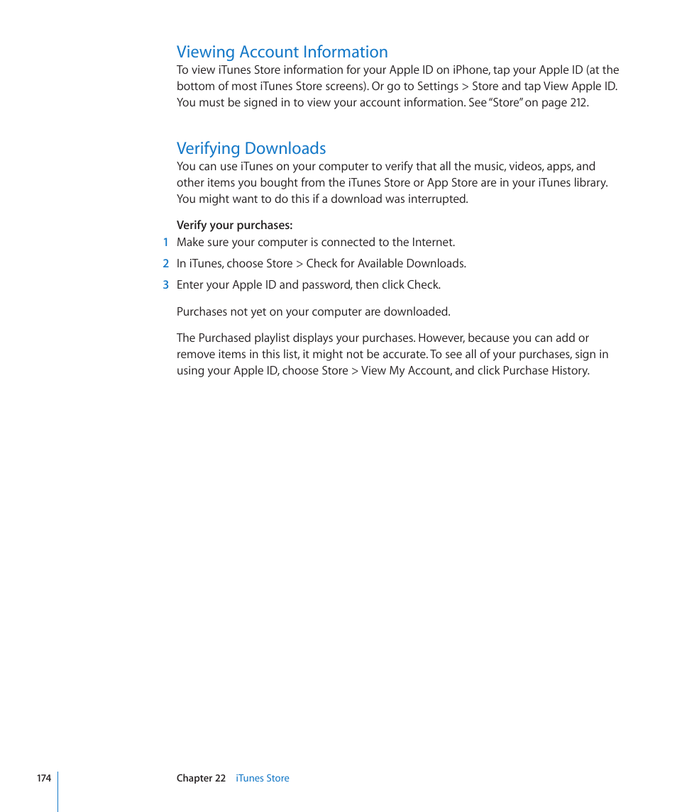 Viewing account information, Verifying downloads | Apple iPhone 4G User Manual | Page 174 / 274