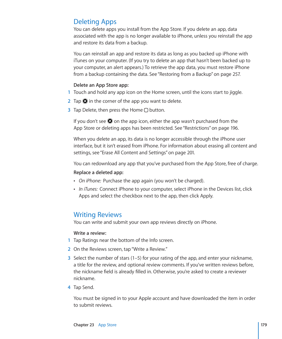 Deleting apps, Writing reviews, 179 deleting apps 179 writing reviews | Apple iPhone 4G User Manual | Page 179 / 274