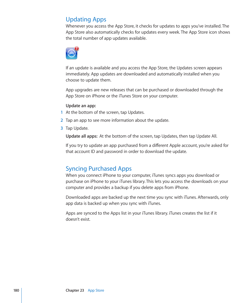 Updating apps, Syncing purchased apps, 180 updating apps 180 syncing purchased apps | Apple iPhone 4G User Manual | Page 180 / 274