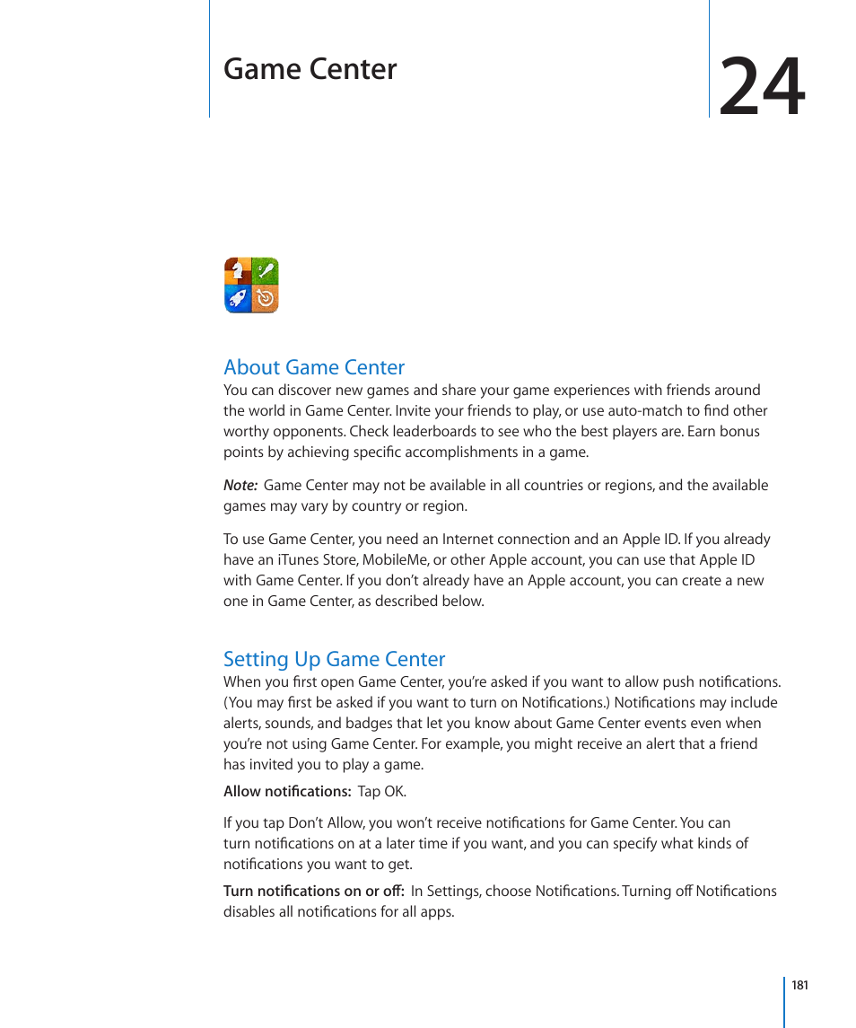 Chapter 24: game center, About game center, Setting up game center | 181 about game center 181 setting up game center, Game center | Apple iPhone 4G User Manual | Page 181 / 274