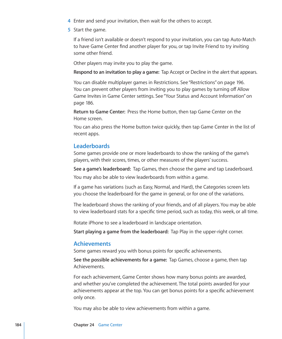 Leaderboards, Achievements | Apple iPhone 4G User Manual | Page 184 / 274