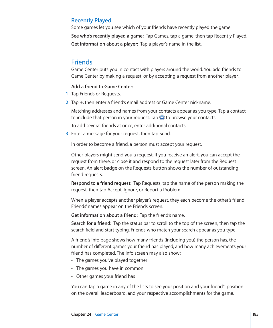 Friends, 185 friends, Recently played | Apple iPhone 4G User Manual | Page 185 / 274