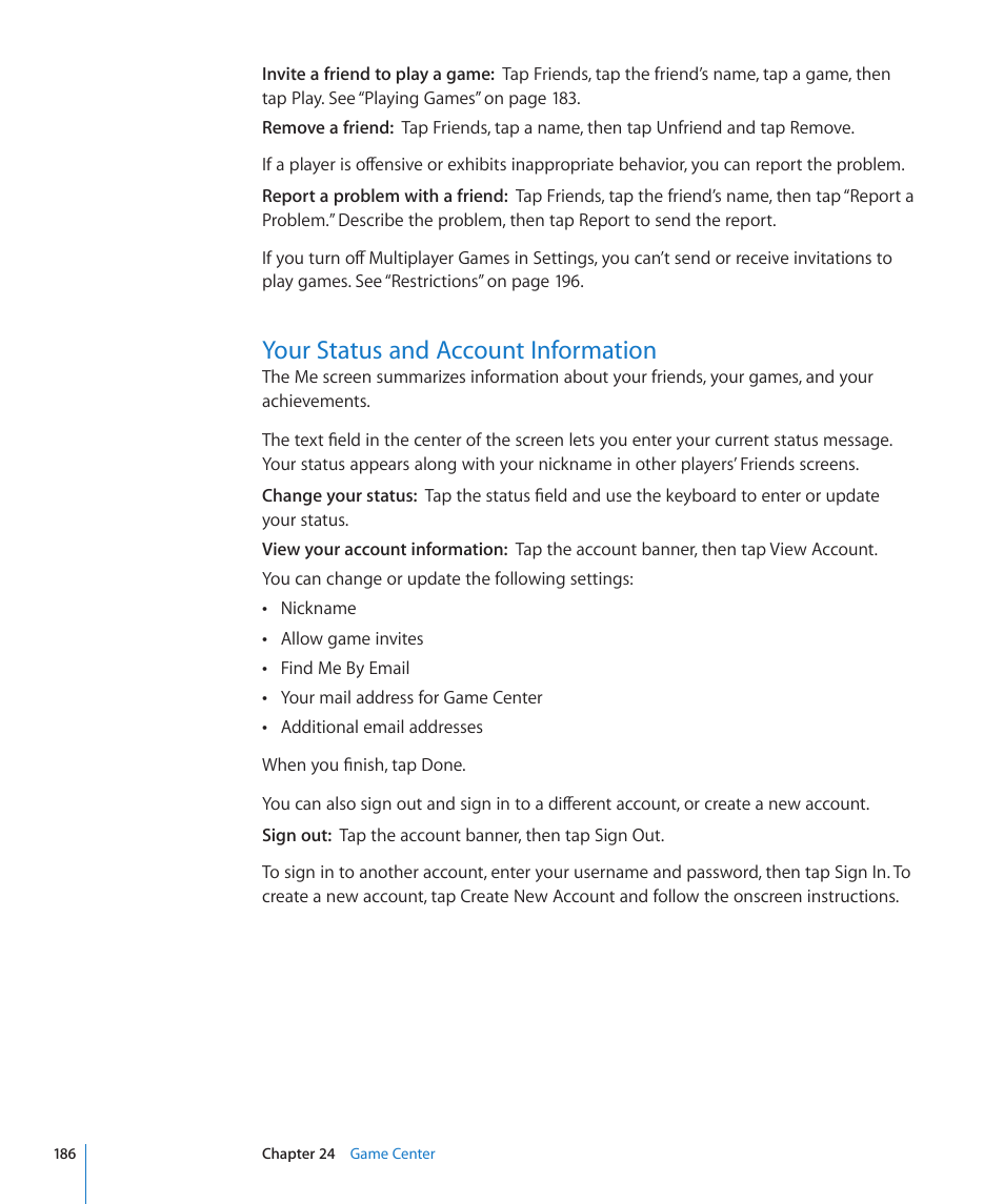 Your status and account information, 186 your status and account information | Apple iPhone 4G User Manual | Page 186 / 274