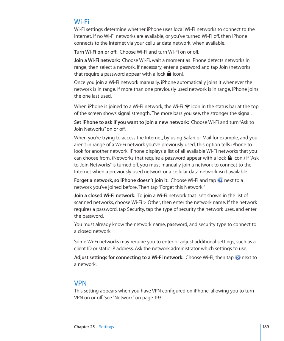 Wi-fi, 189 wi-fi 189 vpn | Apple iPhone 4G User Manual | Page 189 / 274