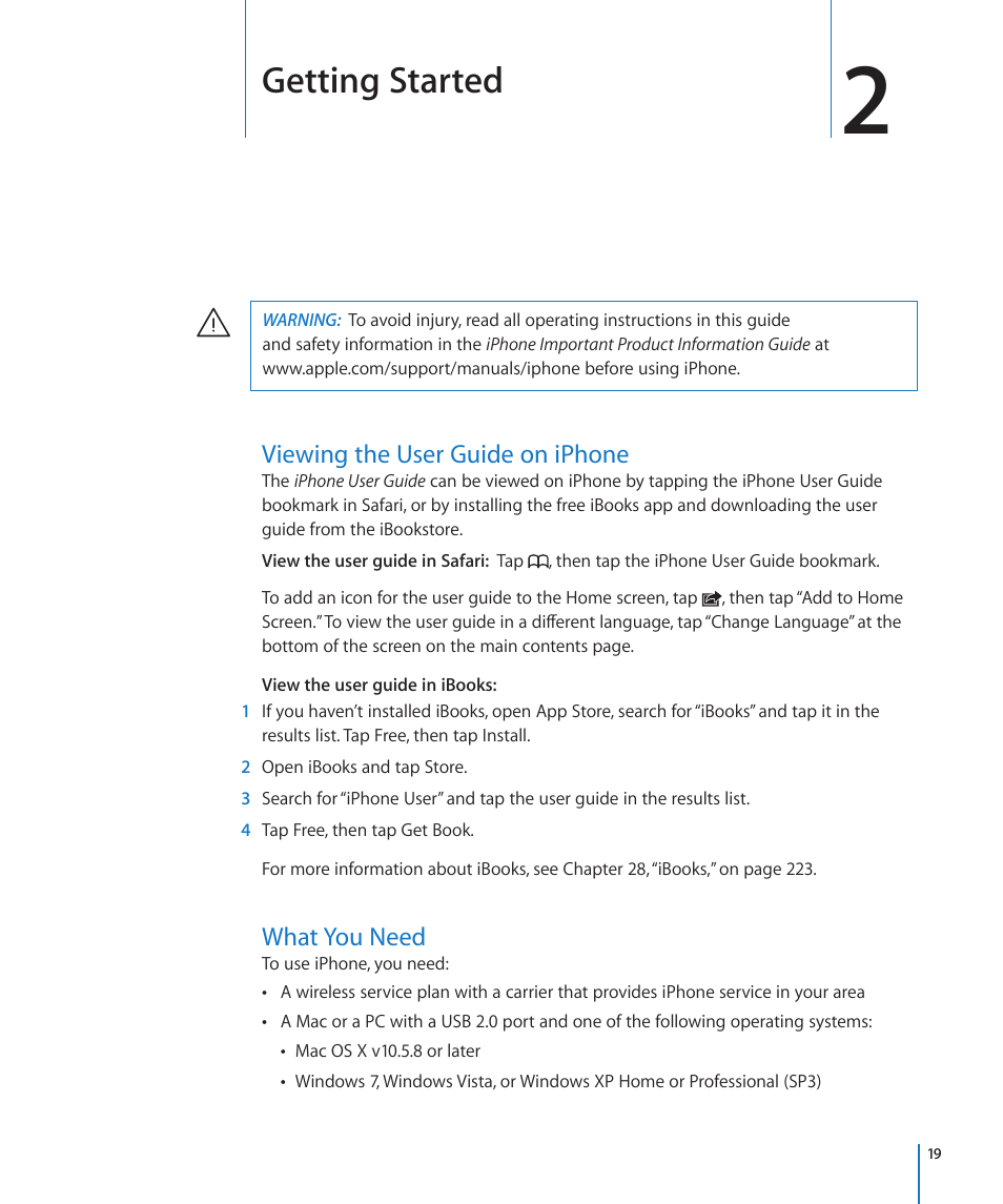 Chapter 2: getting started, Viewing the user guide on iphone, What you need | Getting started | Apple iPhone 4G User Manual | Page 19 / 274