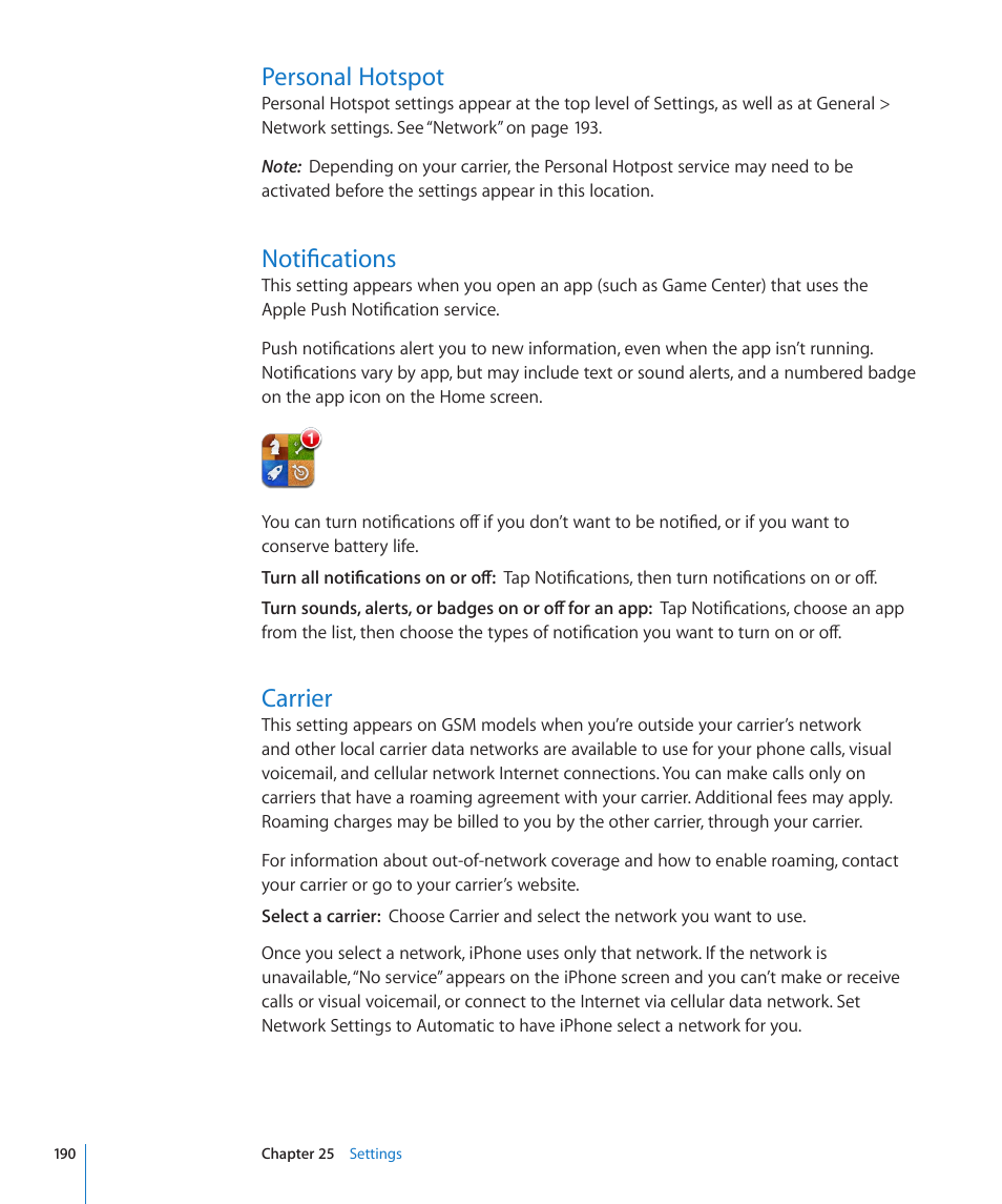 Personal hotspot, Notifications, Carrier | 190 personal hotspot 190 notifications 190 carrier | Apple iPhone 4G User Manual | Page 190 / 274