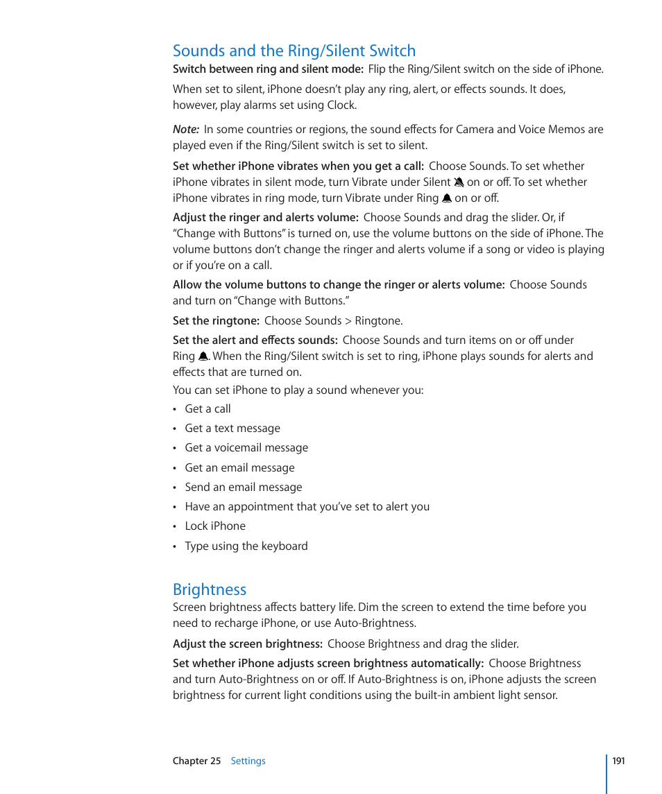 Sounds and the ring/silent switch, Brightness | Apple iPhone 4G User Manual | Page 191 / 274