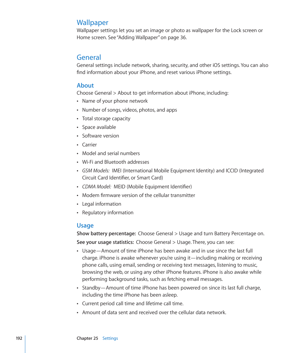 Wallpaper, General, 192 wallpaper 192 general | About, Usage | Apple iPhone 4G User Manual | Page 192 / 274