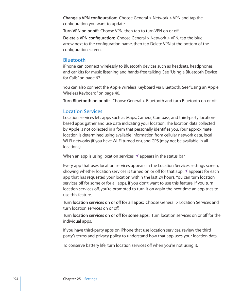 Location services, Bluetooth | Apple iPhone 4G User Manual | Page 194 / 274