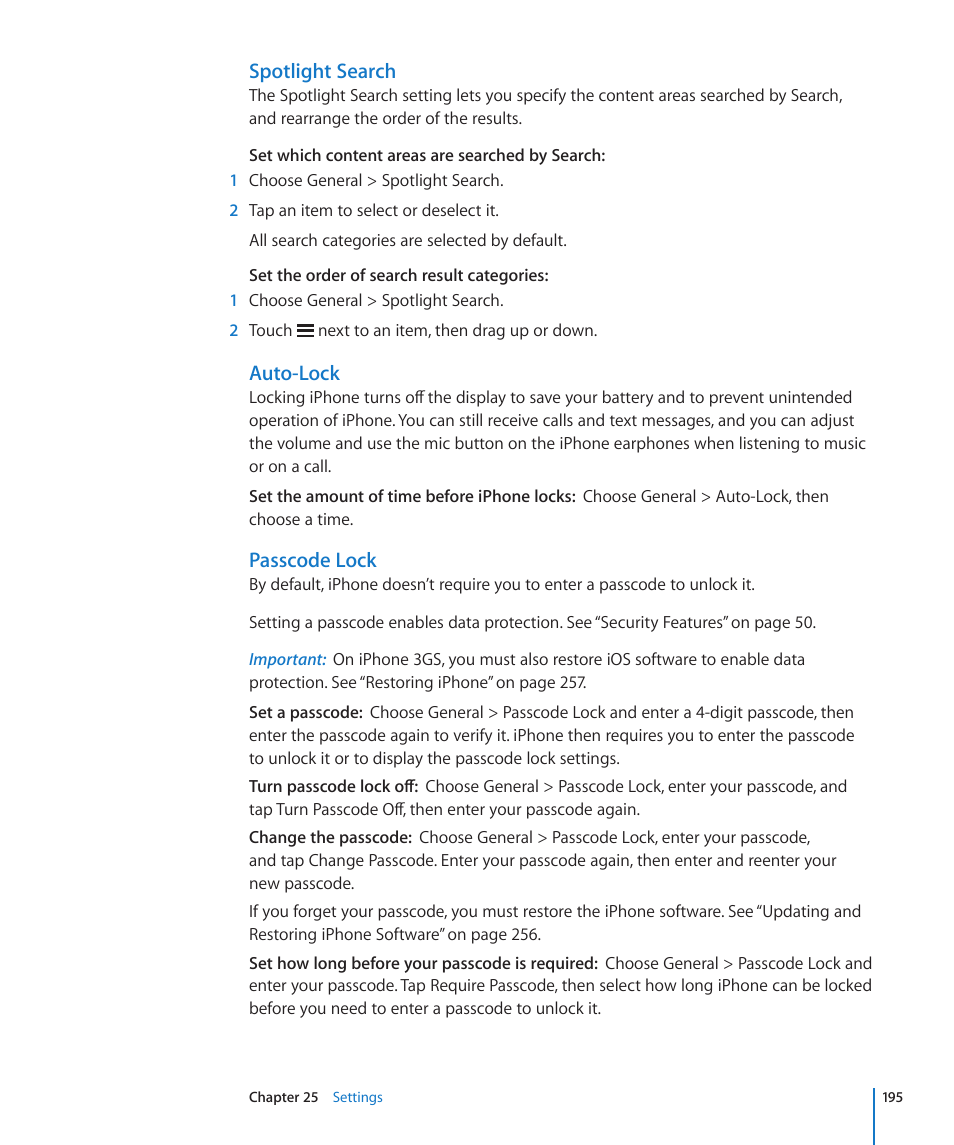 Auto-lock, Passcode lock, Spotlight search | Apple iPhone 4G User Manual | Page 195 / 274