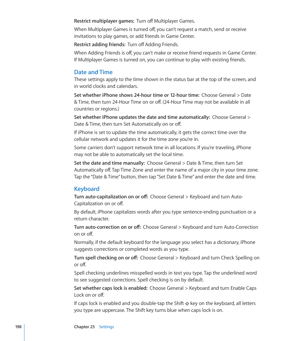 Date and time, Keyboard | Apple iPhone 4G User Manual | Page 198 / 274