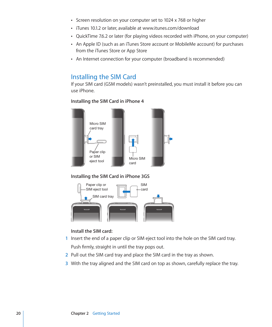 Installing the sim card, 20 installing the sim card | Apple iPhone 4G User Manual | Page 20 / 274