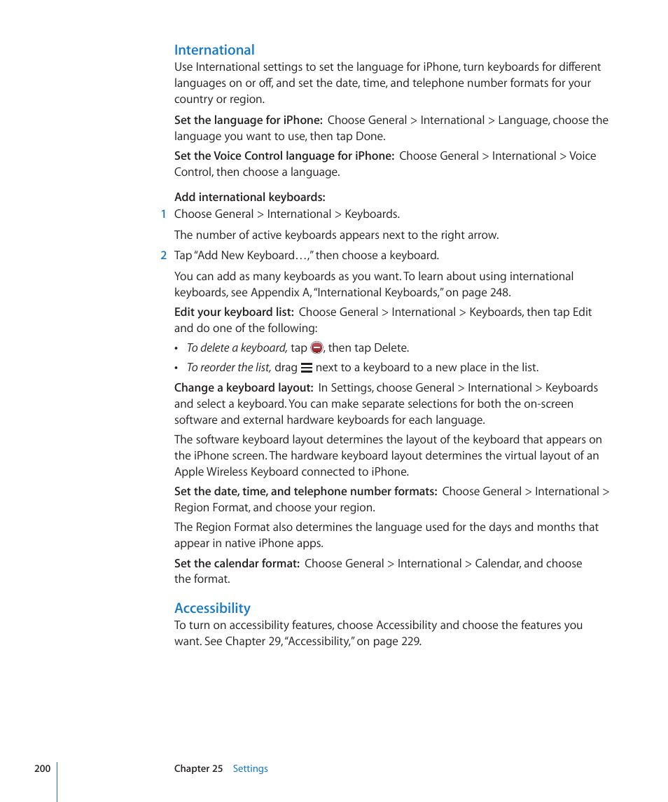 International, Accessibility | Apple iPhone 4G User Manual | Page 200 / 274