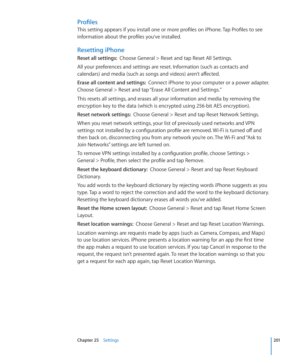 Profiles, Resetting iphone | Apple iPhone 4G User Manual | Page 201 / 274