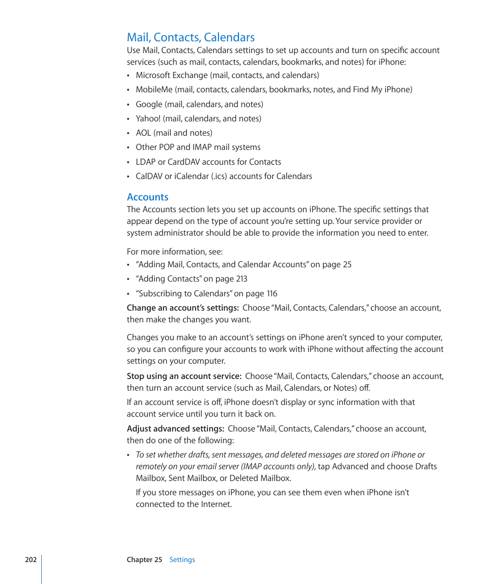 Mail, contacts, calendars, 202 mail, contacts, calendars, Accounts | Apple iPhone 4G User Manual | Page 202 / 274