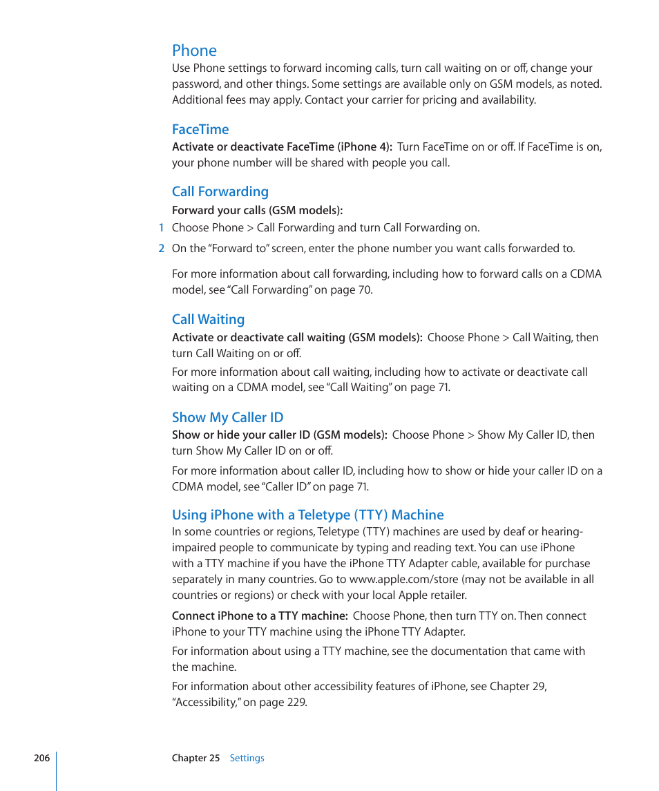 Phone, 206 phone, Call forwarding | Using iphone with a teletype (tty) machine | Apple iPhone 4G User Manual | Page 206 / 274