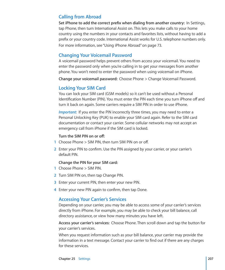 Calling from abroad, Changing your voicemail password, Locking your sim card | Accessing your carrier’s services | Apple iPhone 4G User Manual | Page 207 / 274