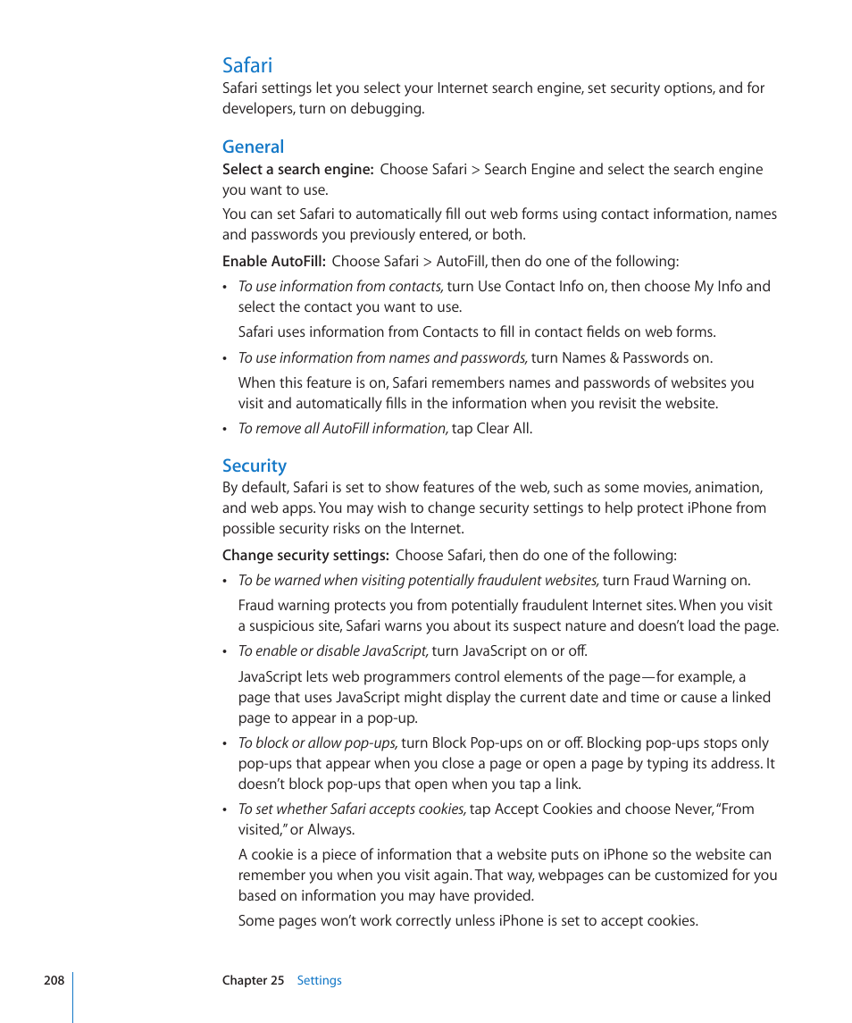 Safari, 208 safari, General | Security | Apple iPhone 4G User Manual | Page 208 / 274