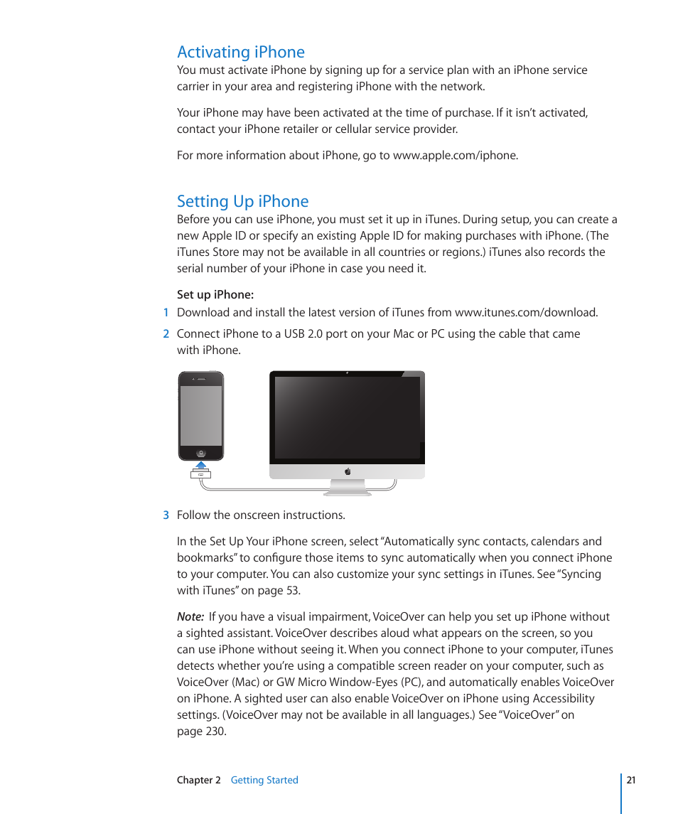 Activating iphone, Setting up iphone, 21 activating iphone 21 setting up iphone | Apple iPhone 4G User Manual | Page 21 / 274