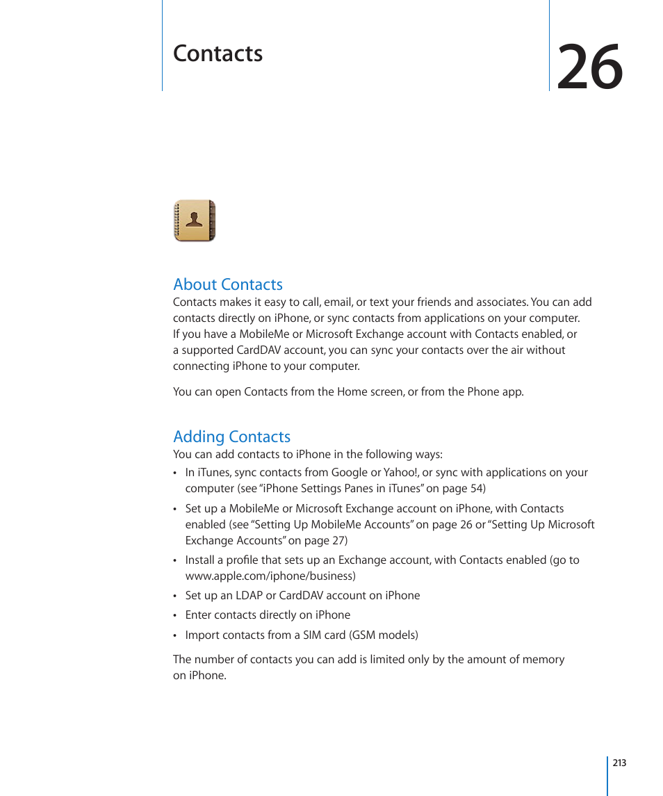 Chapter 26: contacts, About contacts, Adding contacts | 213 about contacts 213 adding contacts, Contacts | Apple iPhone 4G User Manual | Page 213 / 274