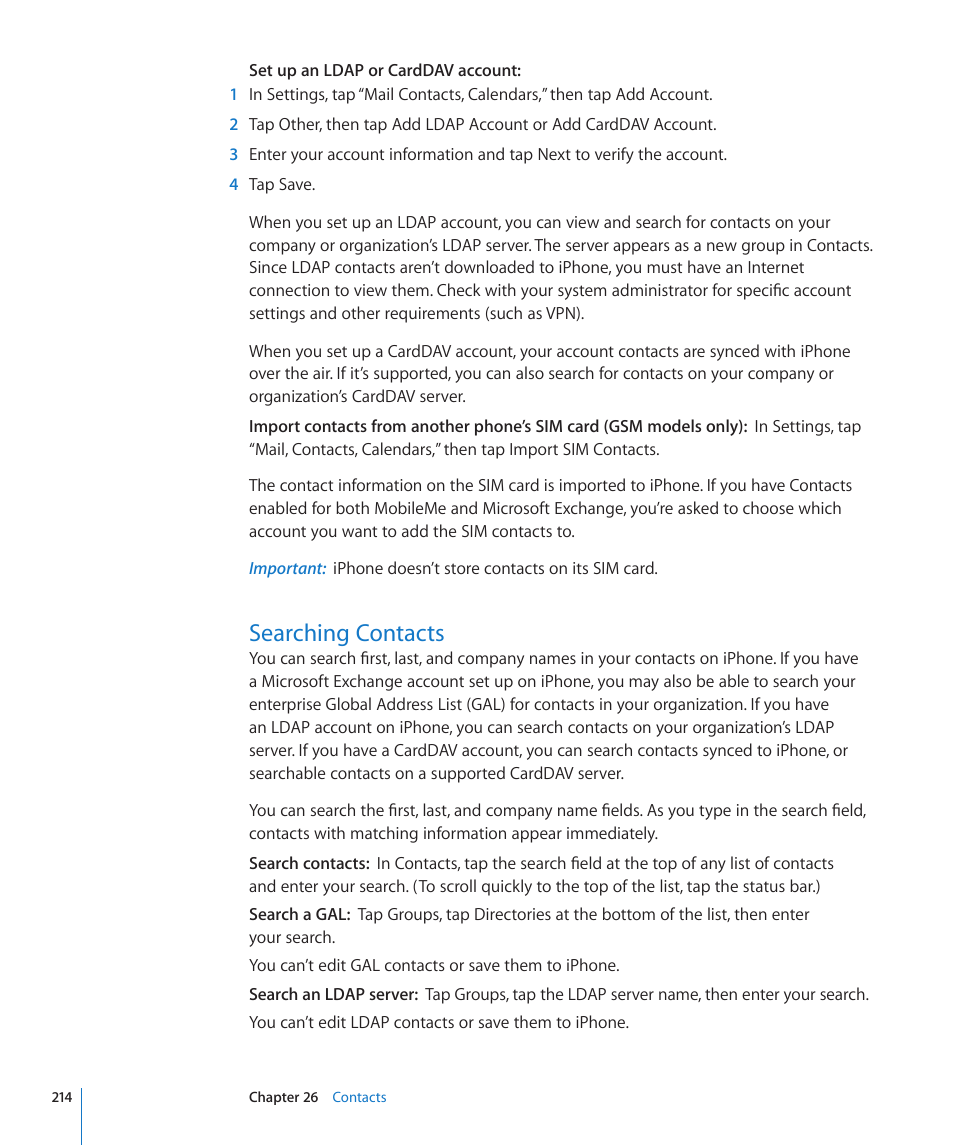 Searching contacts, 214 searching contacts | Apple iPhone 4G User Manual | Page 214 / 274