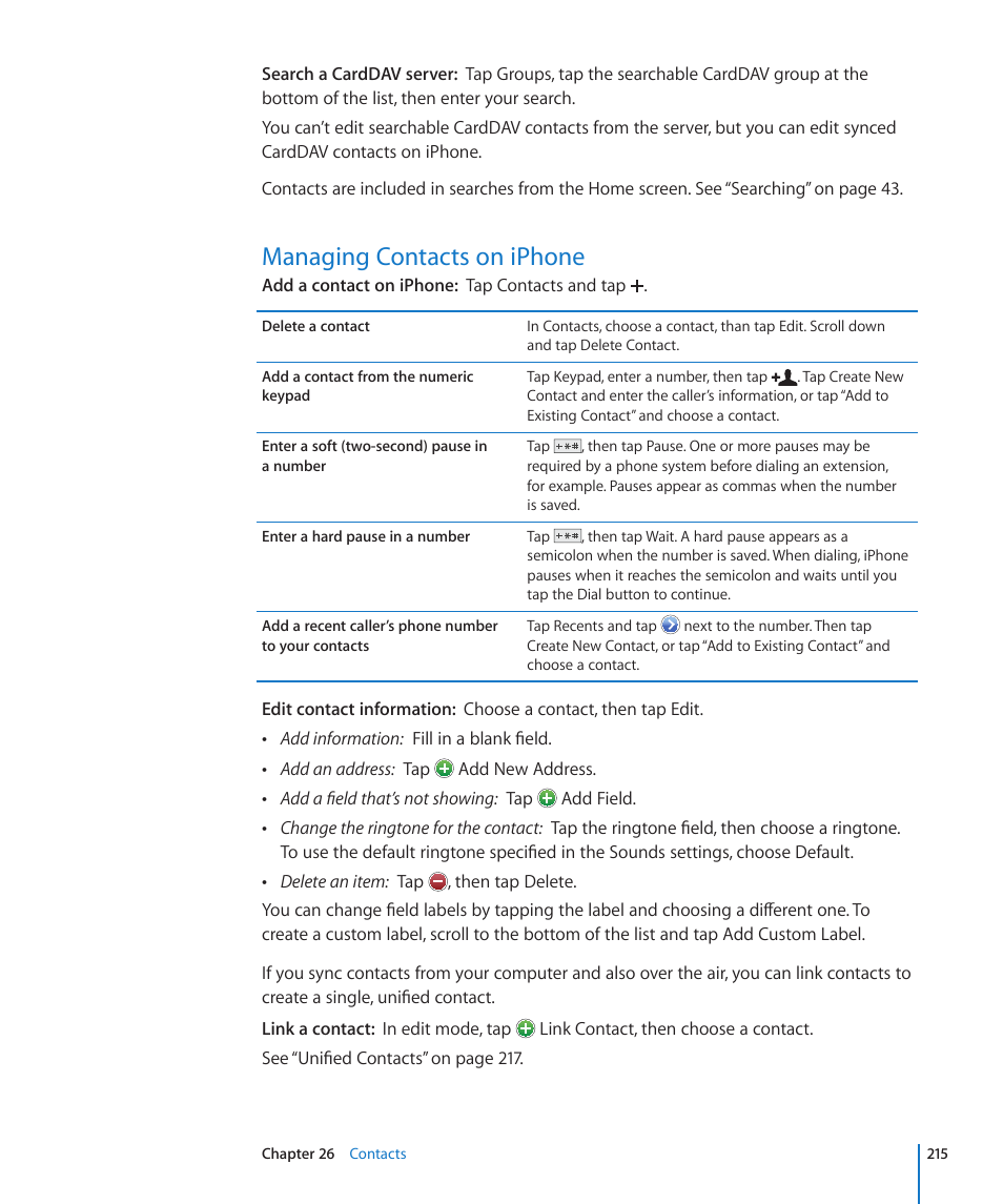 Managing contacts on iphone, 215 managing contacts on iphone | Apple iPhone 4G User Manual | Page 215 / 274