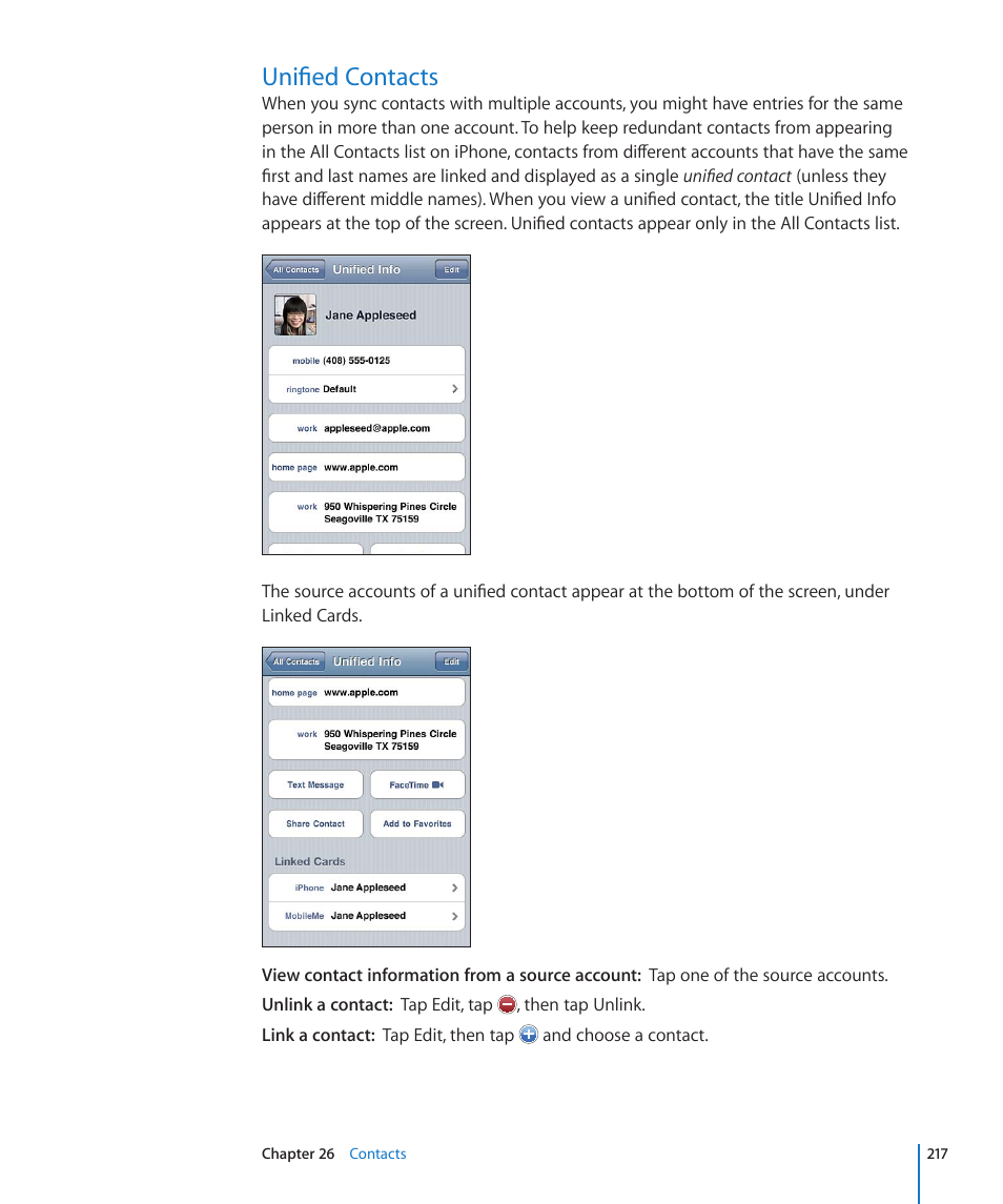 Unified contacts, 217 unified contacts | Apple iPhone 4G User Manual | Page 217 / 274