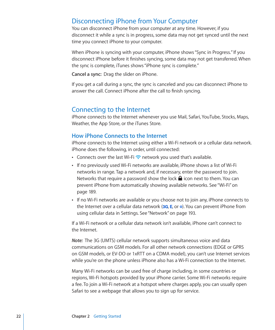 Disconnecting iphone from your computer, Connecting to the internet, How iphone connects to the internet | Apple iPhone 4G User Manual | Page 22 / 274